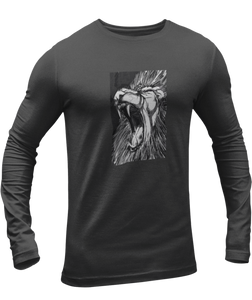 The design is a lion roaring. The design is printed on a charcoal heather long sleeve shirt.