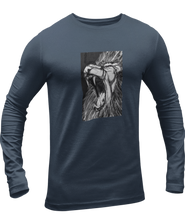 Load image into Gallery viewer, The design is a lion roaring. The design is printed on a navy long sleeve shirt.