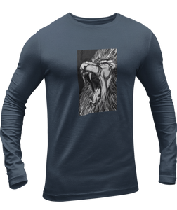 The design is a lion roaring. The design is printed on a navy long sleeve shirt.