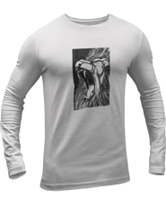 Load image into Gallery viewer, The design is a lion roaring. The design is printed on a athletic grey long sleeve shirt.