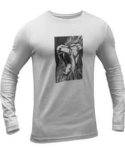 The design is a lion roaring. The design is printed on a athletic grey long sleeve shirt.