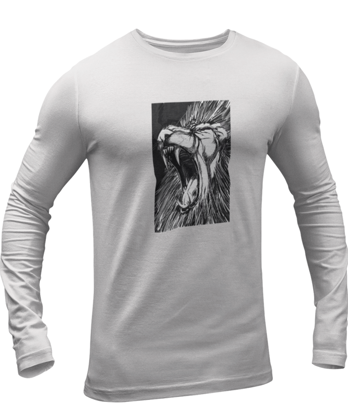 The design is a lion roaring. The design is printed on a athletic grey long sleeve shirt.