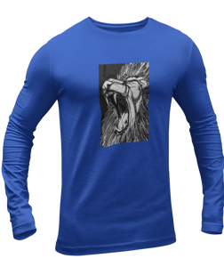 The design is a lion roaring. The design is printed on a true royal long sleeve shirt.