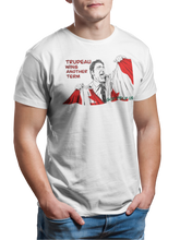 Load image into Gallery viewer, This design is Prime Minister Justin Trudeau ripping the Canadian flag. Trudeau Wins Another Term is written in red on the left side. This design is printed on a white simply great tee.