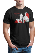 Load image into Gallery viewer, This design is Prime Minister Justin Trudeau ripping the Canadian flag. Trudeau Wins Another Term is written in red on the left side. This design is printed on a black simply great tee