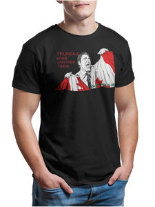 This design is Prime Minister Justin Trudeau ripping the Canadian flag. Trudeau Wins Another Term is written in red on the left side. This design is printed on a black simply great tee