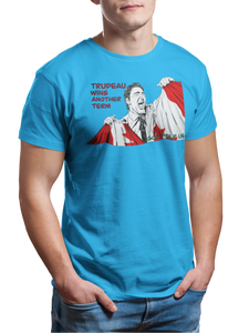 This design is Prime Minister Justin Trudeau ripping the Canadian flag. Trudeau Wins Another Term is written in red on the left side. This design is printed on a sapphire simply great tee