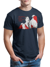 Load image into Gallery viewer, This design is Prime Minister Justin Trudeau ripping the Canadian flag. Trudeau Wins Another Term is written in red on the left side. This design is printed on a navy blue simply great tee