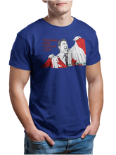 Load image into Gallery viewer, This design is Prime Minister Justin Trudeau ripping the Canadian flag. Trudeau Wins Another Term is written in red on the left side. This design is printed on a royal blue simply great tee