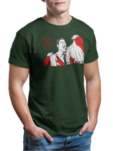 Load image into Gallery viewer, This design is Prime Minister Justin Trudeau ripping the Canadian flag. Trudeau Wins Another Term is written in red on the left side. This design is printed on a forest green simply great tee