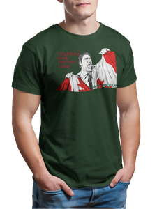 This design is Prime Minister Justin Trudeau ripping the Canadian flag. Trudeau Wins Another Term is written in red on the left side. This design is printed on a forest green simply great tee