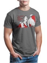 Load image into Gallery viewer, This design is Prime Minister Justin Trudeau ripping the Canadian flag. Trudeau Wins Another Term is written in red on the left side. This design is printed on a coal grey simply great tee