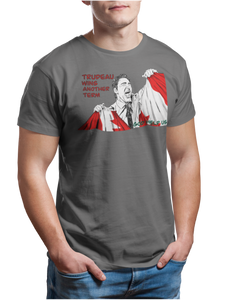 This design is Prime Minister Justin Trudeau ripping the Canadian flag. Trudeau Wins Another Term is written in red on the left side. This design is printed on a coal grey simply great tee