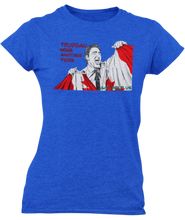 Load image into Gallery viewer, This design is Prime Minister Justin Trudeau ripping the Canadian flag. Trudeau Wins Another Term is written in red on the left side. This design is printed on a royal blue heathered Next Level t-shirt.