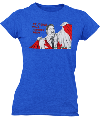 This design is Prime Minister Justin Trudeau ripping the Canadian flag. Trudeau Wins Another Term is written in red on the left side. This design is printed on a royal blue heathered Next Level t-shirt.