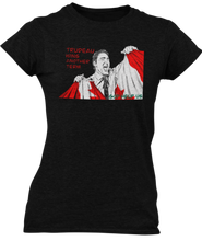 Load image into Gallery viewer, This design is Prime Minister Justin Trudeau ripping the Canadian flag. Trudeau Wins Another Term is written in red on the left side. This design is printed on a black Next Level t-shirt.