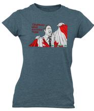 Load image into Gallery viewer, This design is Prime Minister Justin Trudeau ripping the Canadian flag. Trudeau Wins Another Term is written in red on the left side. This design is printed on an indigo heathered Next Level t-shirt.