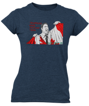 Load image into Gallery viewer, This design is Prime Minister Justin Trudeau ripping the Canadian flag. Trudeau Wins Another Term is written in red on the left side. This design is printed on a navy heathered Next Level t-shirt.