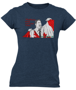 This design is Prime Minister Justin Trudeau ripping the Canadian flag. Trudeau Wins Another Term is written in red on the left side. This design is printed on a navy heathered Next Level t-shirt.