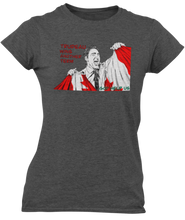 Load image into Gallery viewer, This design is Prime Minister Justin Trudeau ripping the Canadian flag. Trudeau Wins Another Term is written in red on the left side. This design is printed on a charcoal heathered Next Level t-shirt.