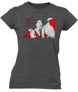 This design is Prime Minister Justin Trudeau ripping the Canadian flag. Trudeau Wins Another Term is written in red on the left side. This design is printed on a charcoal heathered Next Level t-shirt.