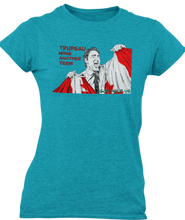 Load image into Gallery viewer, This design is Prime Minister Justin Trudeau ripping the Canadian flag. Trudeau Wins Another Term is written in red on the left side. This design is printed on a teal heathered Next Level t-shirt.