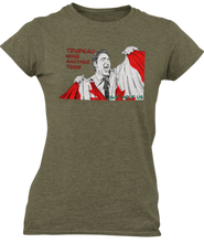 Load image into Gallery viewer, This design is Prime Minister Justin Trudeau ripping the Canadian flag. Trudeau Wins Another Term is written in red on the left side. This design is printed on a military green heathered Next Level t-shirt.