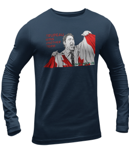 This design is Prime Minister Justin Trudeau ripping the Canadian flag. Trudeau Wins Another Term is written in red on the left side. This design is printed on a true navy long sleeve shirt.