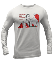 Load image into Gallery viewer, This design is Prime Minister Justin Trudeau ripping the Canadian flag. Trudeau Wins Another Term is written in red on the left side. This design is printed on an athletic grey long sleeve shirt.