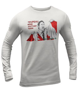 This design is Prime Minister Justin Trudeau ripping the Canadian flag. Trudeau Wins Another Term is written in red on the left side. This design is printed on an athletic grey long sleeve shirt.