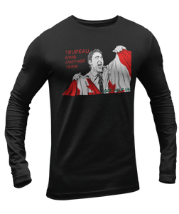 This design is Prime Minister Justin Trudeau ripping the Canadian flag. Trudeau Wins Another Term is written in red on the left side. This design is printed on a black long sleeve shirt.