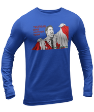 Load image into Gallery viewer, This design is Prime Minister Justin Trudeau ripping the Canadian flag. Trudeau Wins Another Term is written in red on the left side. This design is printed on a true royal long sleeve shirt.