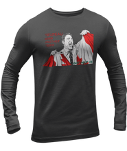 Load image into Gallery viewer, This design is Prime Minister Justin Trudeau ripping the Canadian flag. Trudeau Wins Another Term is written in red on the left side. This design is printed on a charcoal heather long sleeve shirt.