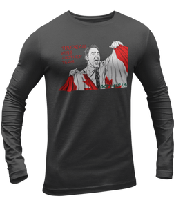 This design is Prime Minister Justin Trudeau ripping the Canadian flag. Trudeau Wins Another Term is written in red on the left side. This design is printed on a charcoal heather long sleeve shirt.