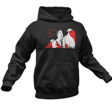 Load image into Gallery viewer, This design is Prime Minister Justin Trudeau ripping the Canadian flag. Trudeau Wins Another Term is written in red on the left side. This design is printed on a black classic hoodie.