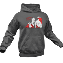 Load image into Gallery viewer, This design is Prime Minister Justin Trudeau ripping the Canadian flag. Trudeau Wins Another Term is written in red on the left side. This design is printed on a charcoal heather classic hoodie.