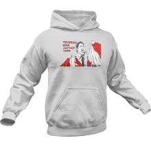 Load image into Gallery viewer, This design is Prime Minister Justin Trudeau ripping the Canadian flag. Trudeau Wins Another Term is written in red on the left side. This design is printed on a white classic hoodie.