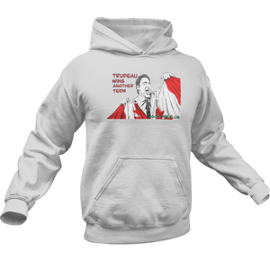 This design is Prime Minister Justin Trudeau ripping the Canadian flag. Trudeau Wins Another Term is written in red on the left side. This design is printed on a white classic hoodie.