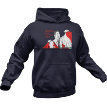 Load image into Gallery viewer, This design is Prime Minister Justin Trudeau ripping the Canadian flag. Trudeau Wins Another Term is written in red on the left side. This design is printed on a true navy blue classic hoodie.