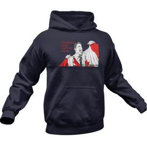 This design is Prime Minister Justin Trudeau ripping the Canadian flag. Trudeau Wins Another Term is written in red on the left side. This design is printed on a true navy blue classic hoodie.