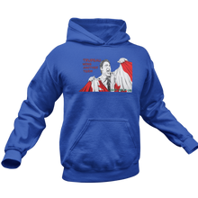 Load image into Gallery viewer, This design is Prime Minister Justin Trudeau ripping the Canadian flag. Trudeau Wins Another Term is written in red on the left side. This design is printed on a true royal blue classic hoodie.