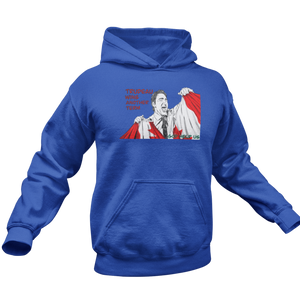 This design is Prime Minister Justin Trudeau ripping the Canadian flag. Trudeau Wins Another Term is written in red on the left side. This design is printed on a true royal blue classic hoodie.