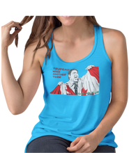 Load image into Gallery viewer, This design is Prime Minister Justin Trudeau ripping the Canadian flag. Trudeau Wins Another Term is written in red on the left side. This design is printed on a sapphire ladies tank.