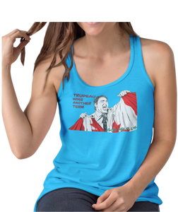 This design is Prime Minister Justin Trudeau ripping the Canadian flag. Trudeau Wins Another Term is written in red on the left side. This design is printed on a sapphire ladies tank.