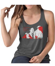 Load image into Gallery viewer, This design is Prime Minister Justin Trudeau ripping the Canadian flag. Trudeau Wins Another Term is written in red on the left side. This design is printed on a charcoal ladies tank. 