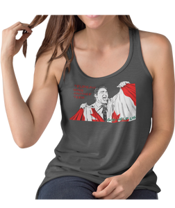 This design is Prime Minister Justin Trudeau ripping the Canadian flag. Trudeau Wins Another Term is written in red on the left side. This design is printed on a charcoal ladies tank. 