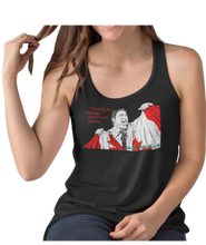 Load image into Gallery viewer, This design is Prime Minister Justin Trudeau ripping the Canadian flag. Trudeau Wins Another Term is written in red on the left side. This design is printed on a black ladies tank. 