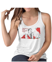 Load image into Gallery viewer, This design is Prime Minister Justin Trudeau ripping the Canadian flag. Trudeau Wins Another Term is written in red on the left side. This design is printed on a white ladies tank.  